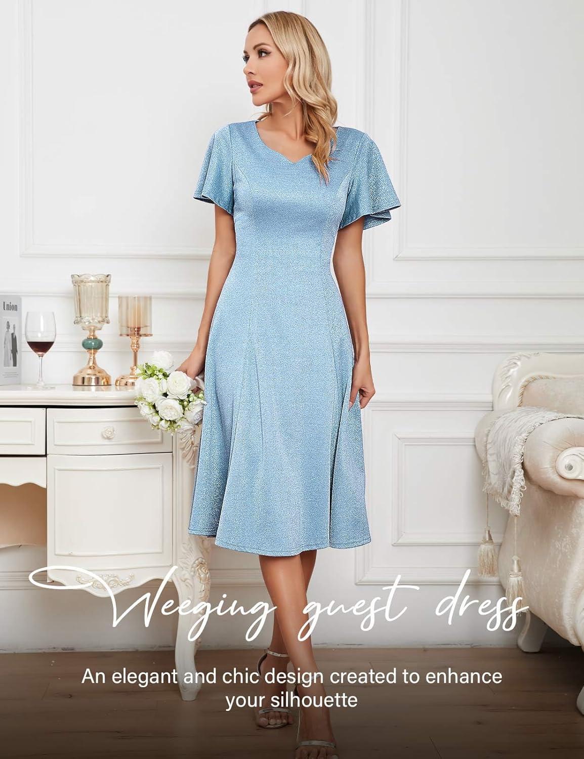 imageHomRain Wedding Guest Dresses for Women Vintage Short Sleeves Casual Fit and Flare Cocktail Formal Dress for Tea PartyGlitterblue