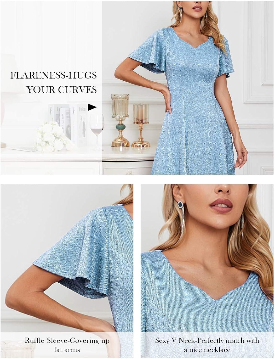 imageHomRain Wedding Guest Dresses for Women Vintage Short Sleeves Casual Fit and Flare Cocktail Formal Dress for Tea PartyGlitterblue