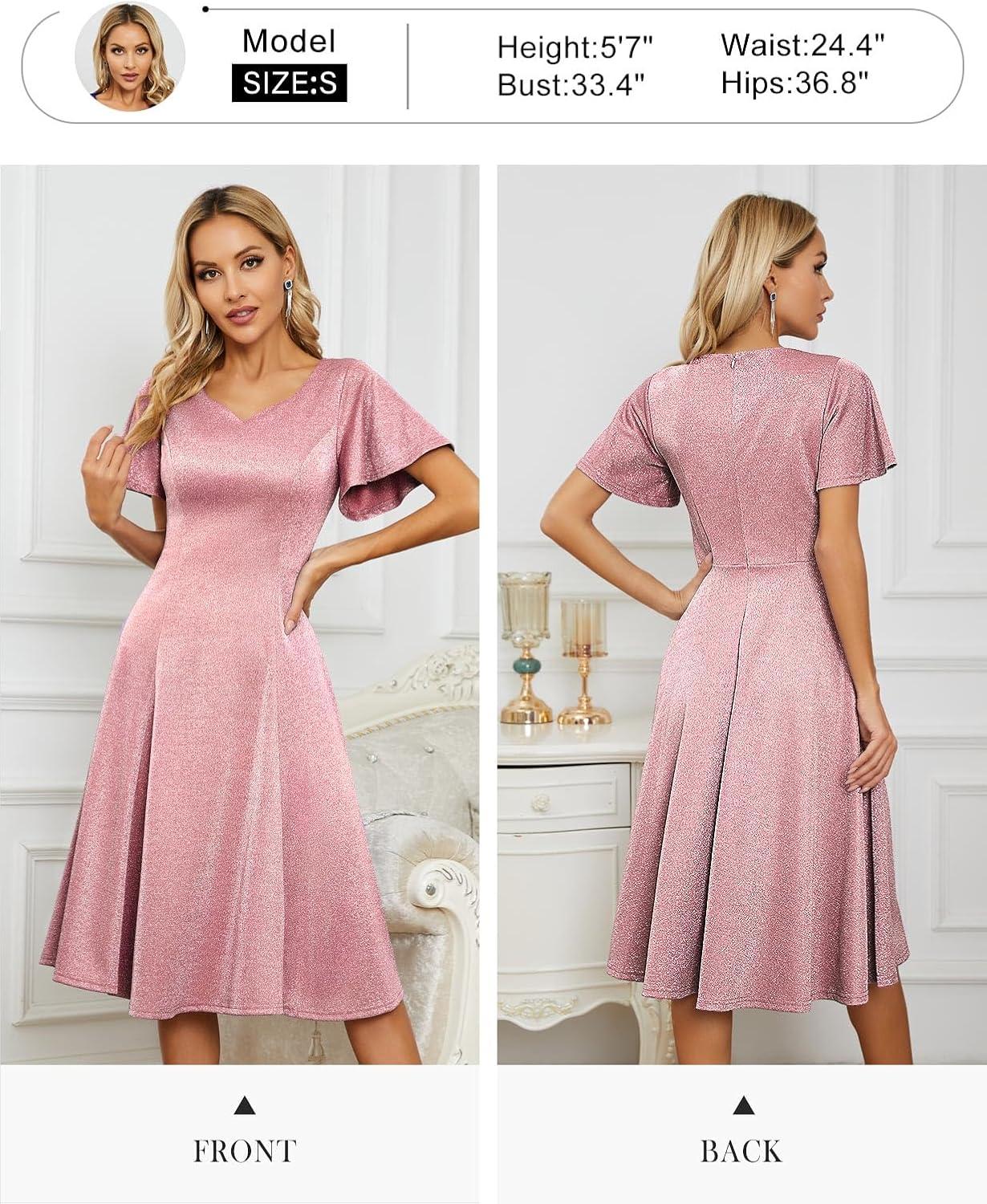 imageHomRain Wedding Guest Dresses for Women Vintage Short Sleeves Casual Fit and Flare Cocktail Formal Dress for Tea PartyGlitterblush