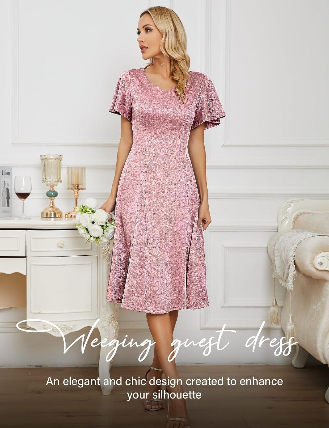 imageHomRain Wedding Guest Dresses for Women Vintage Short Sleeves Casual Fit and Flare Cocktail Formal Dress for Tea PartyGlitterblush