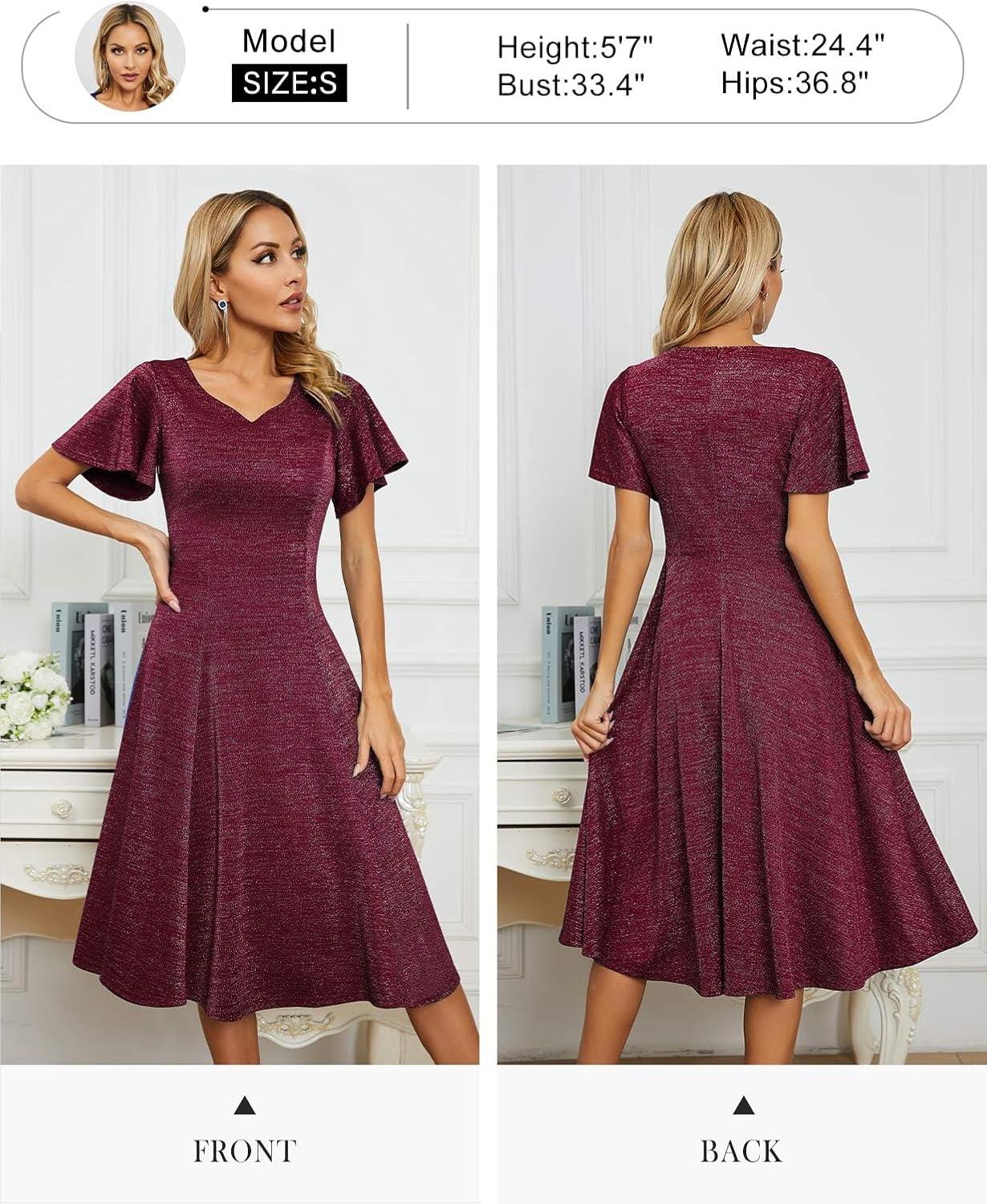 imageHomRain Wedding Guest Dresses for Women Vintage Short Sleeves Casual Fit and Flare Cocktail Formal Dress for Tea PartyGlitterburgundy