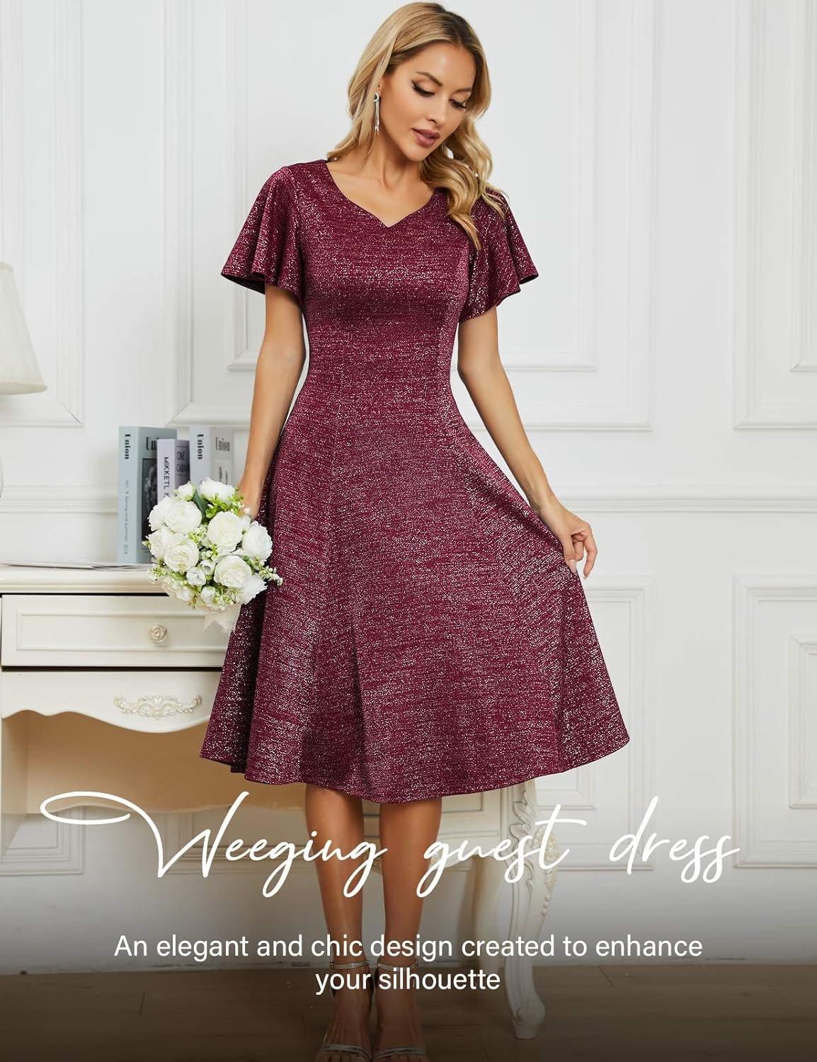imageHomRain Wedding Guest Dresses for Women Vintage Short Sleeves Casual Fit and Flare Cocktail Formal Dress for Tea PartyGlitterburgundy