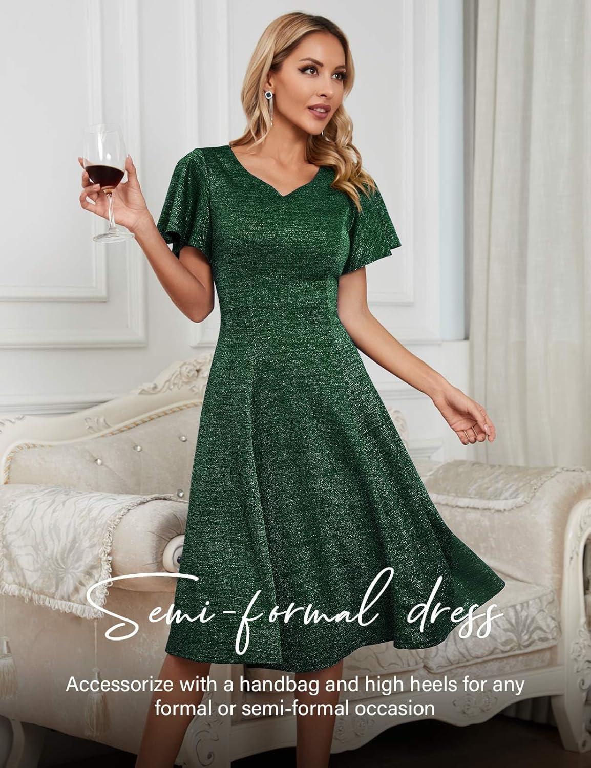 imageHomRain Wedding Guest Dresses for Women Vintage Short Sleeves Casual Fit and Flare Cocktail Formal Dress for Tea PartyGlitterdark Green