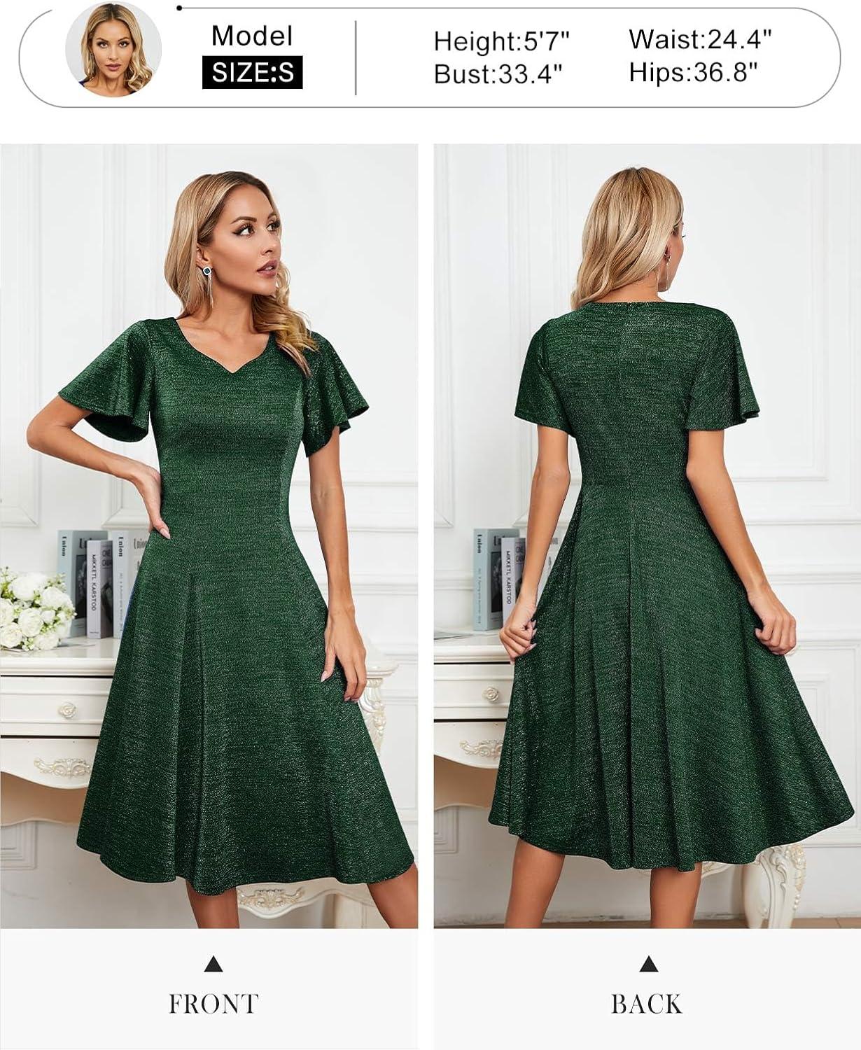 imageHomRain Wedding Guest Dresses for Women Vintage Short Sleeves Casual Fit and Flare Cocktail Formal Dress for Tea PartyGlitterdark Green