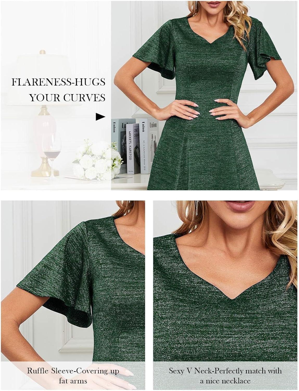 imageHomRain Wedding Guest Dresses for Women Vintage Short Sleeves Casual Fit and Flare Cocktail Formal Dress for Tea PartyGlitterdark Green