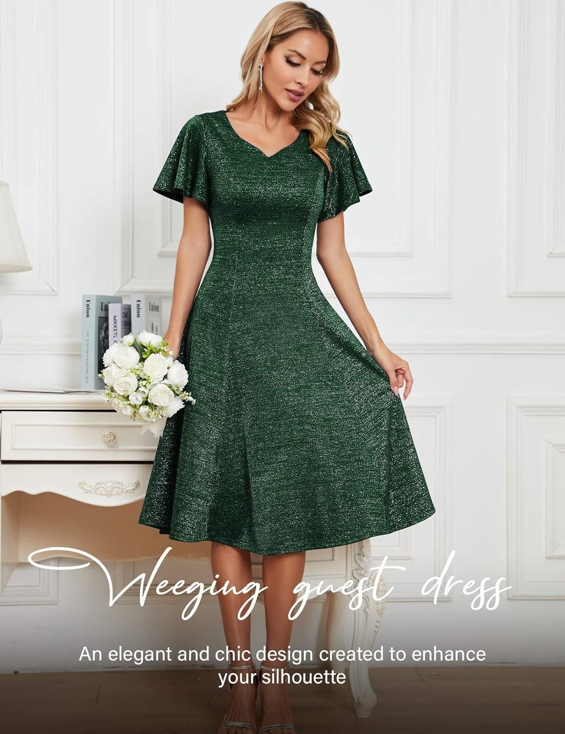 imageHomRain Wedding Guest Dresses for Women Vintage Short Sleeves Casual Fit and Flare Cocktail Formal Dress for Tea PartyGlitterdark Green