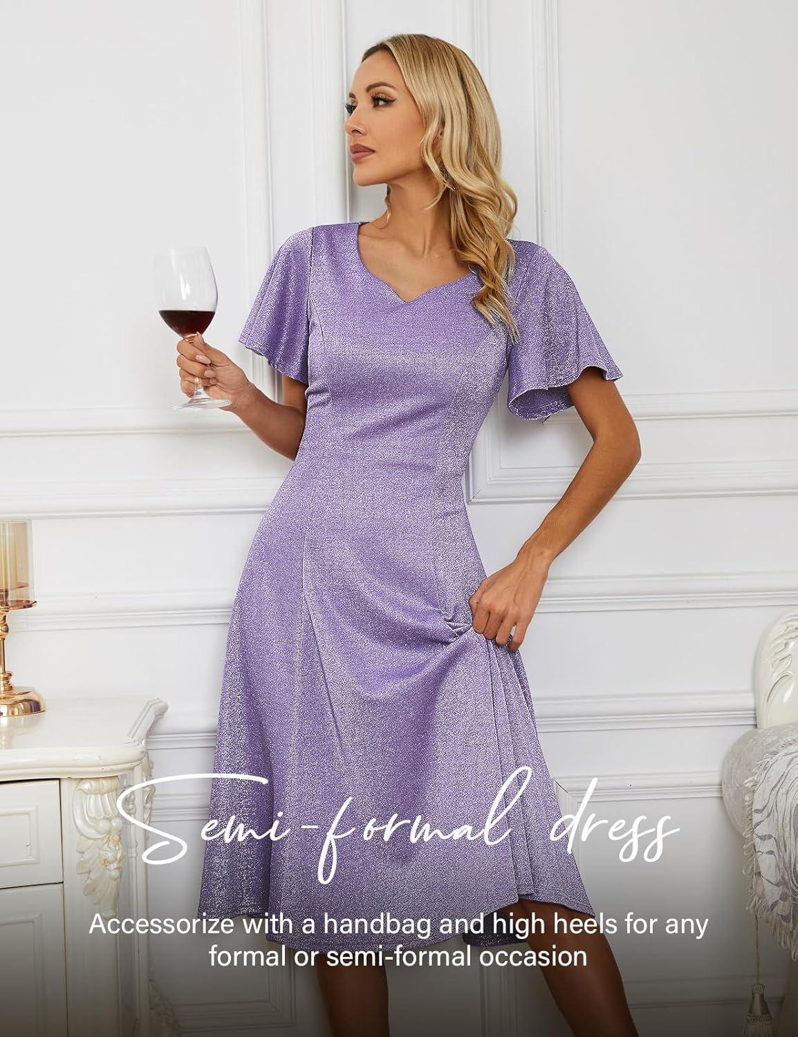 imageHomRain Wedding Guest Dresses for Women Vintage Short Sleeves Casual Fit and Flare Cocktail Formal Dress for Tea PartyGlitterlavender