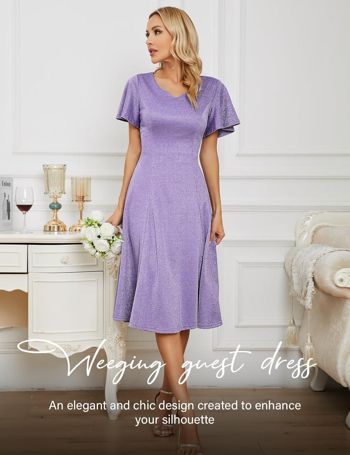 imageHomRain Wedding Guest Dresses for Women Vintage Short Sleeves Casual Fit and Flare Cocktail Formal Dress for Tea PartyGlitterlavender