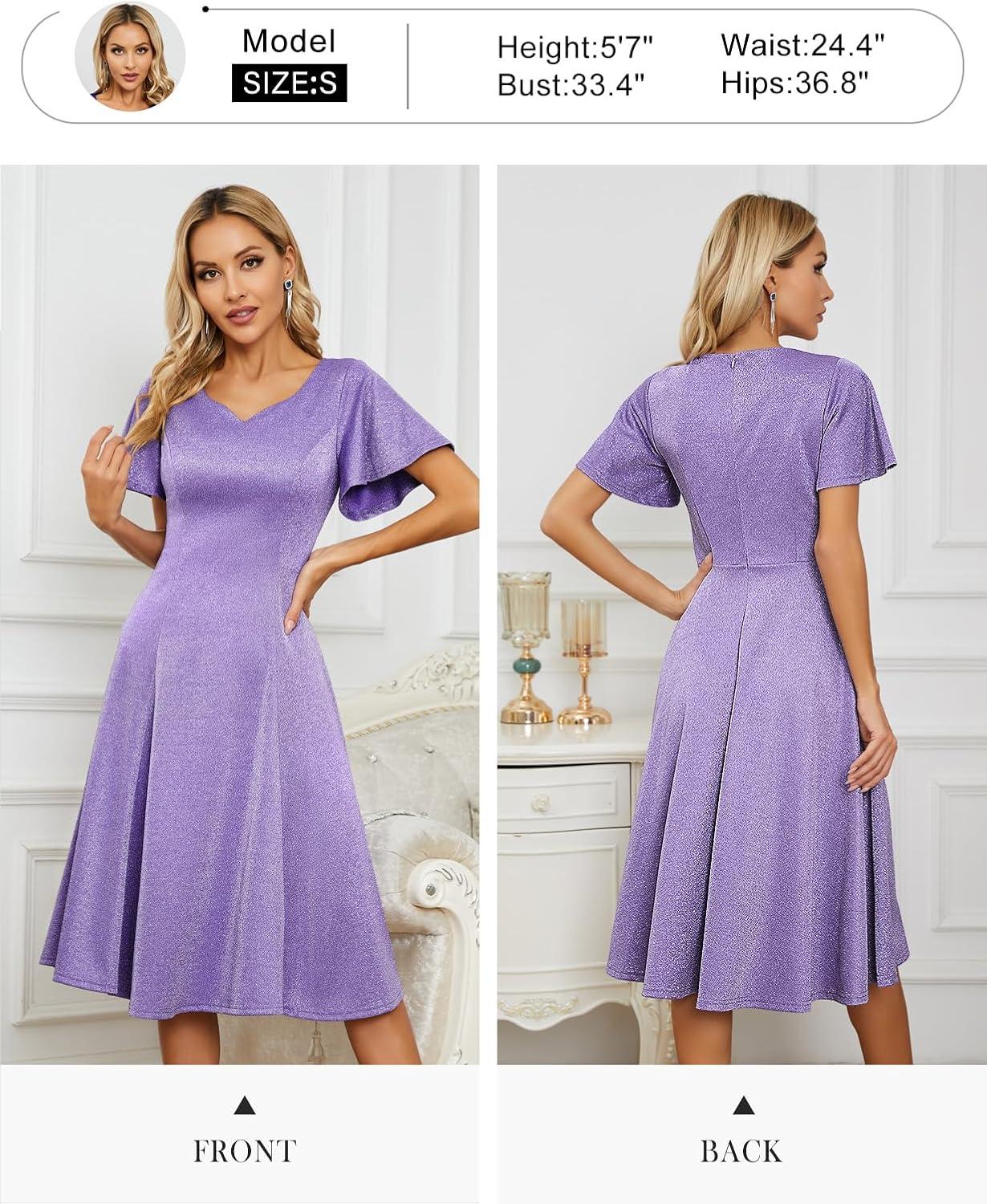 imageHomRain Wedding Guest Dresses for Women Vintage Short Sleeves Casual Fit and Flare Cocktail Formal Dress for Tea PartyGlitterlavender