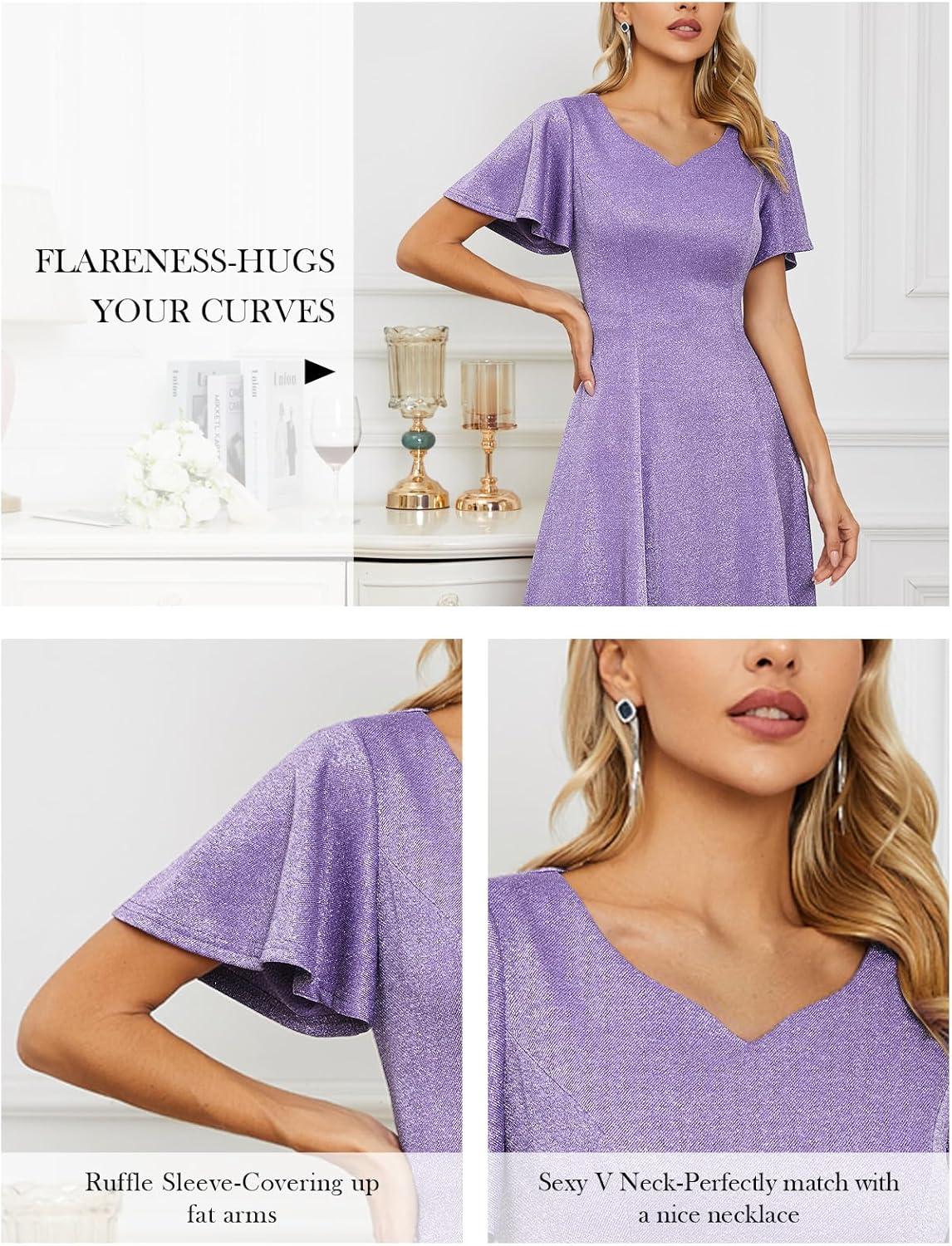 imageHomRain Wedding Guest Dresses for Women Vintage Short Sleeves Casual Fit and Flare Cocktail Formal Dress for Tea PartyGlitterlavender