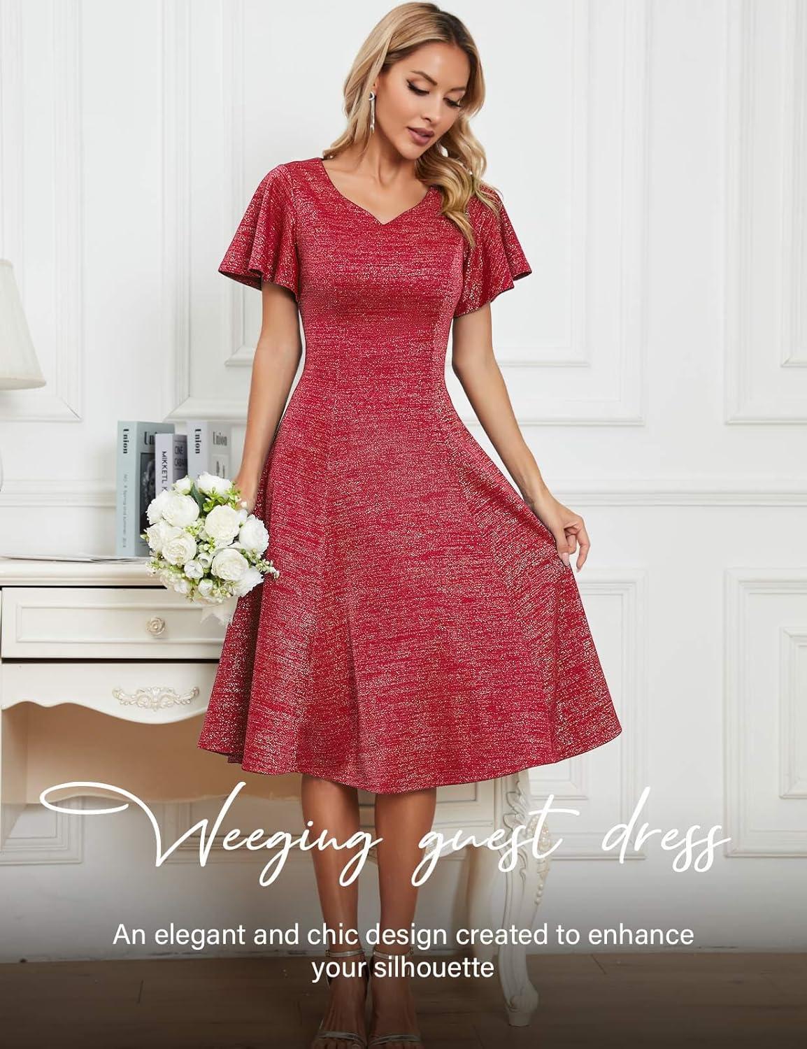 imageHomRain Wedding Guest Dresses for Women Vintage Short Sleeves Casual Fit and Flare Cocktail Formal Dress for Tea PartyGlitterred
