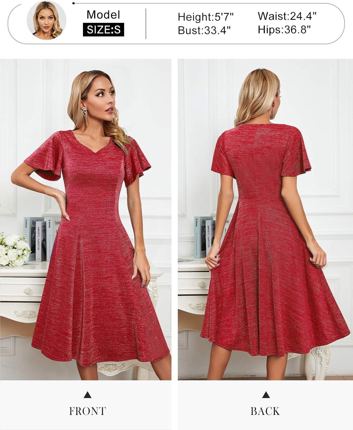 imageHomRain Wedding Guest Dresses for Women Vintage Short Sleeves Casual Fit and Flare Cocktail Formal Dress for Tea PartyGlitterred