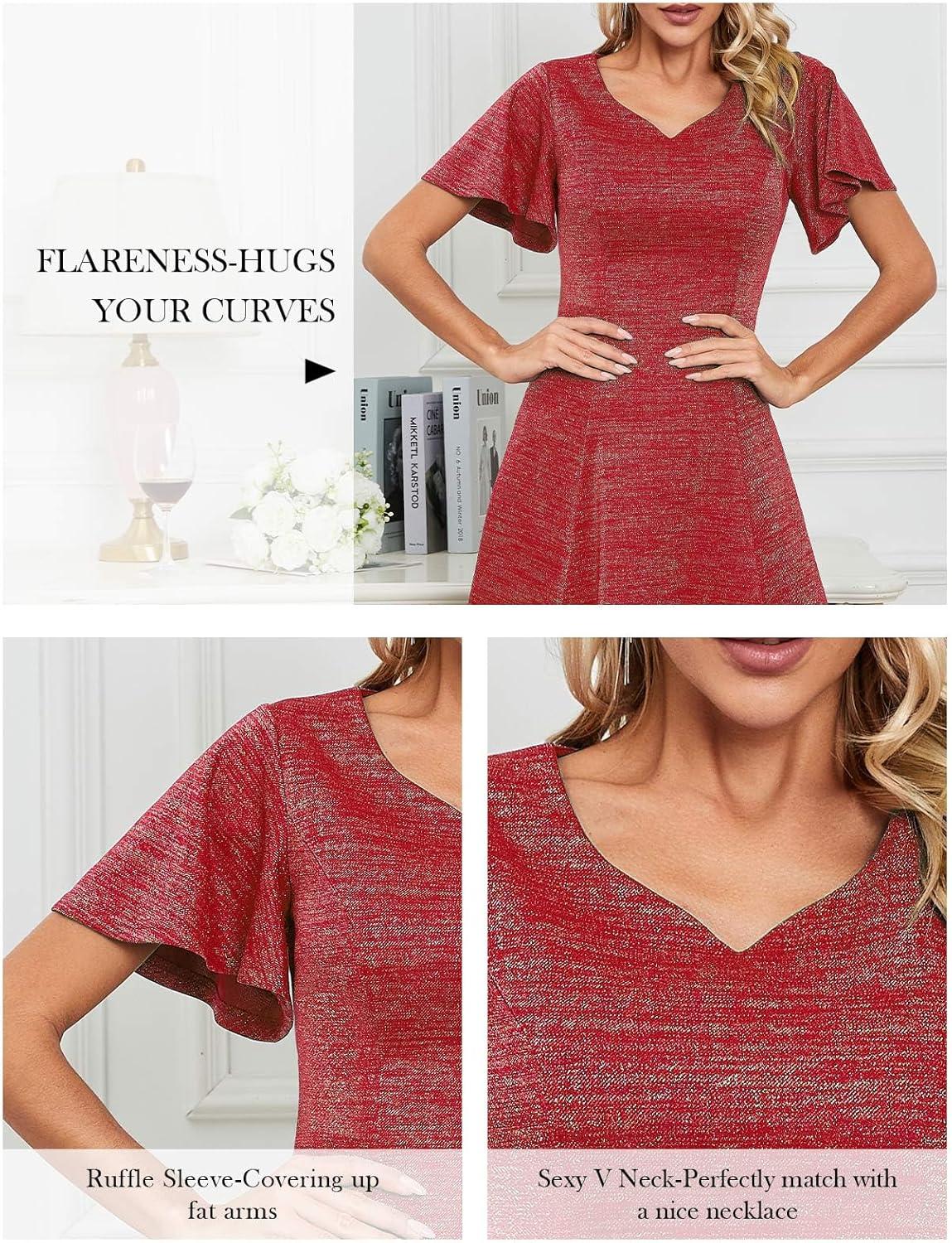 imageHomRain Wedding Guest Dresses for Women Vintage Short Sleeves Casual Fit and Flare Cocktail Formal Dress for Tea PartyGlitterred