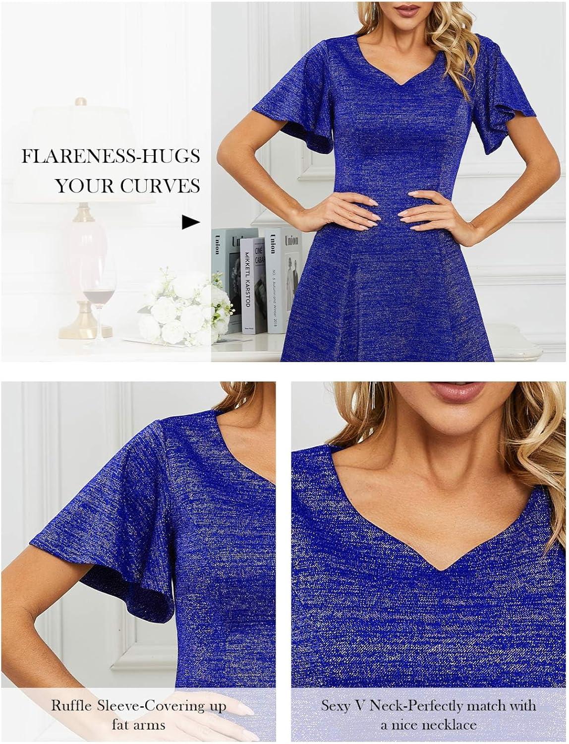 imageHomRain Wedding Guest Dresses for Women Vintage Short Sleeves Casual Fit and Flare Cocktail Formal Dress for Tea PartyGlitterroyalblue