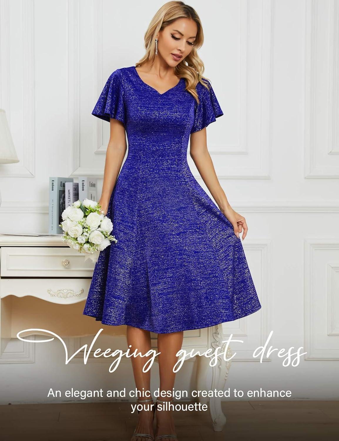 imageHomRain Wedding Guest Dresses for Women Vintage Short Sleeves Casual Fit and Flare Cocktail Formal Dress for Tea PartyGlitterroyalblue