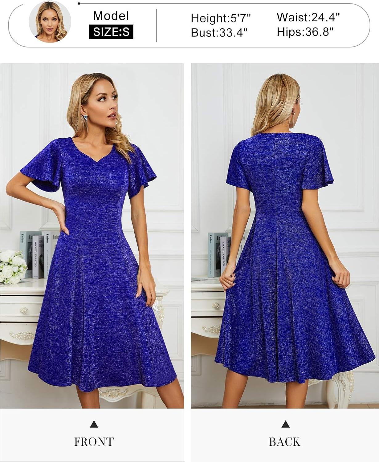 imageHomRain Wedding Guest Dresses for Women Vintage Short Sleeves Casual Fit and Flare Cocktail Formal Dress for Tea PartyGlitterroyalblue