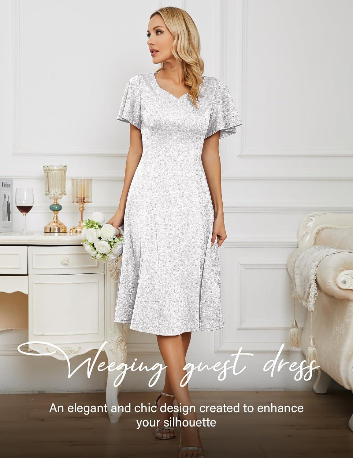 imageHomRain Wedding Guest Dresses for Women Vintage Short Sleeves Casual Fit and Flare Cocktail Formal Dress for Tea PartyGlittersilvery