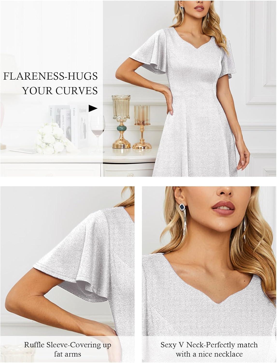 imageHomRain Wedding Guest Dresses for Women Vintage Short Sleeves Casual Fit and Flare Cocktail Formal Dress for Tea PartyGlittersilvery