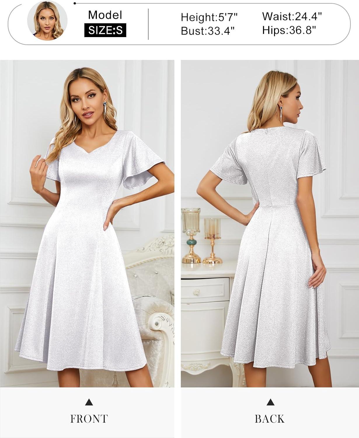 imageHomRain Wedding Guest Dresses for Women Vintage Short Sleeves Casual Fit and Flare Cocktail Formal Dress for Tea PartyGlittersilvery