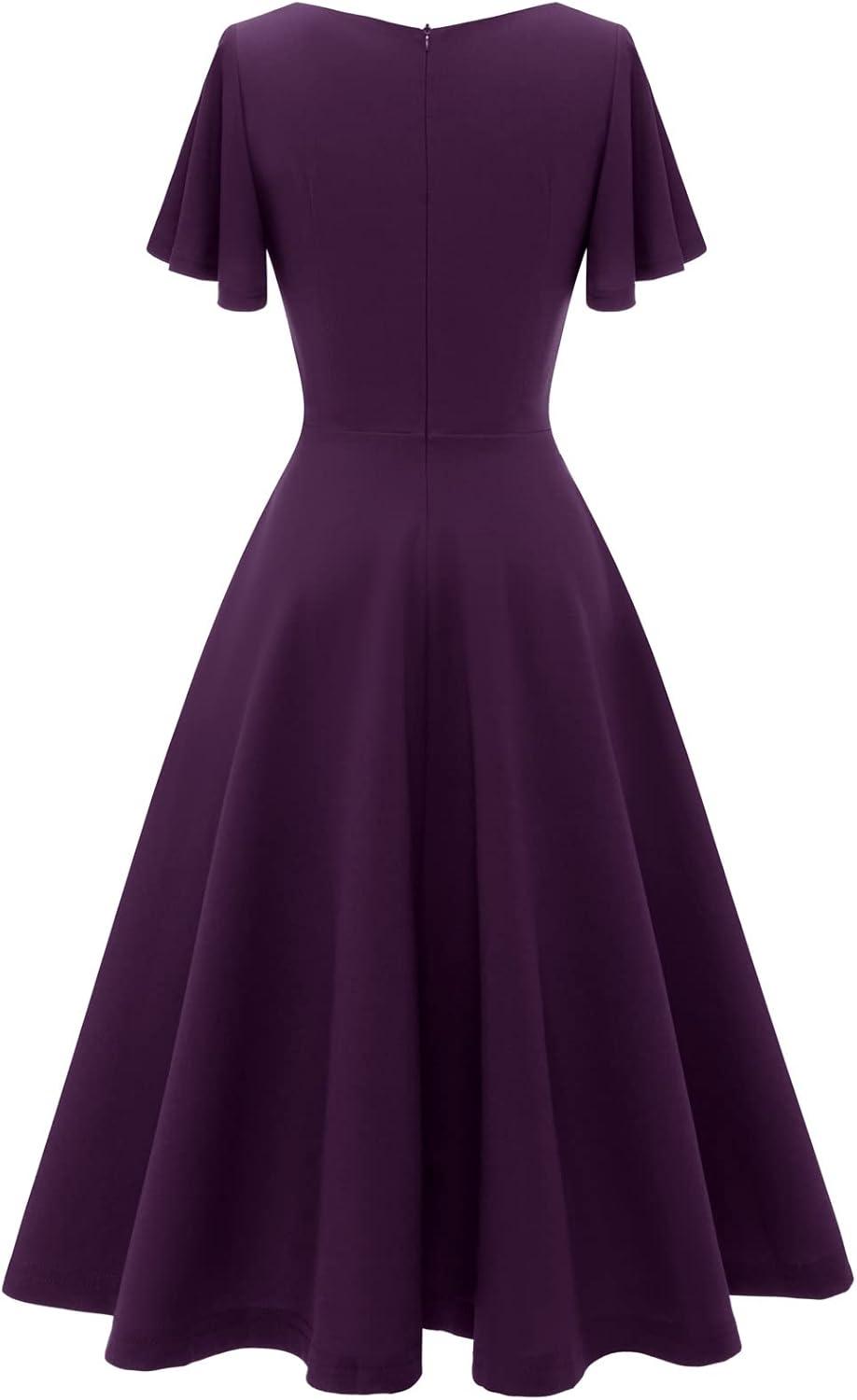 imageHomRain Wedding Guest Dresses for Women Vintage Short Sleeves Casual Fit and Flare Cocktail Formal Dress for Tea PartyGrape