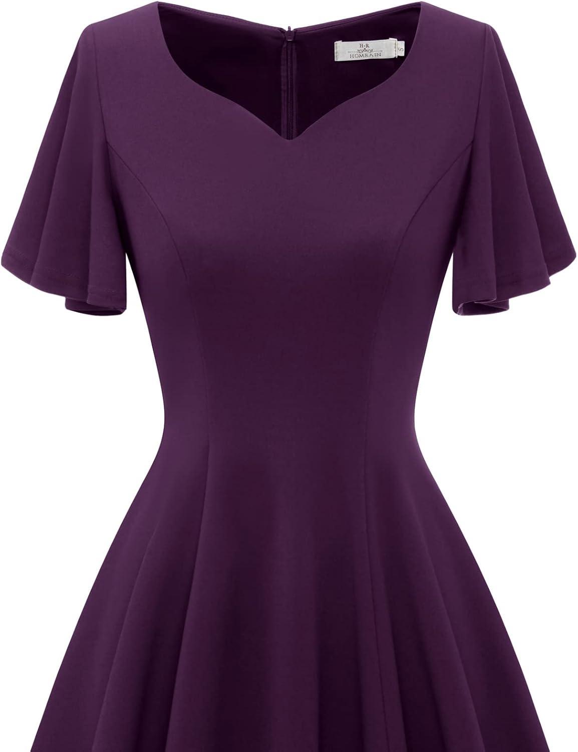 imageHomRain Wedding Guest Dresses for Women Vintage Short Sleeves Casual Fit and Flare Cocktail Formal Dress for Tea PartyGrape
