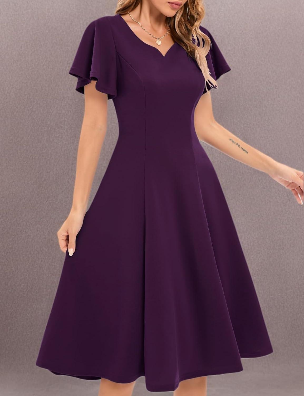 imageHomRain Wedding Guest Dresses for Women Vintage Short Sleeves Casual Fit and Flare Cocktail Formal Dress for Tea PartyGrape