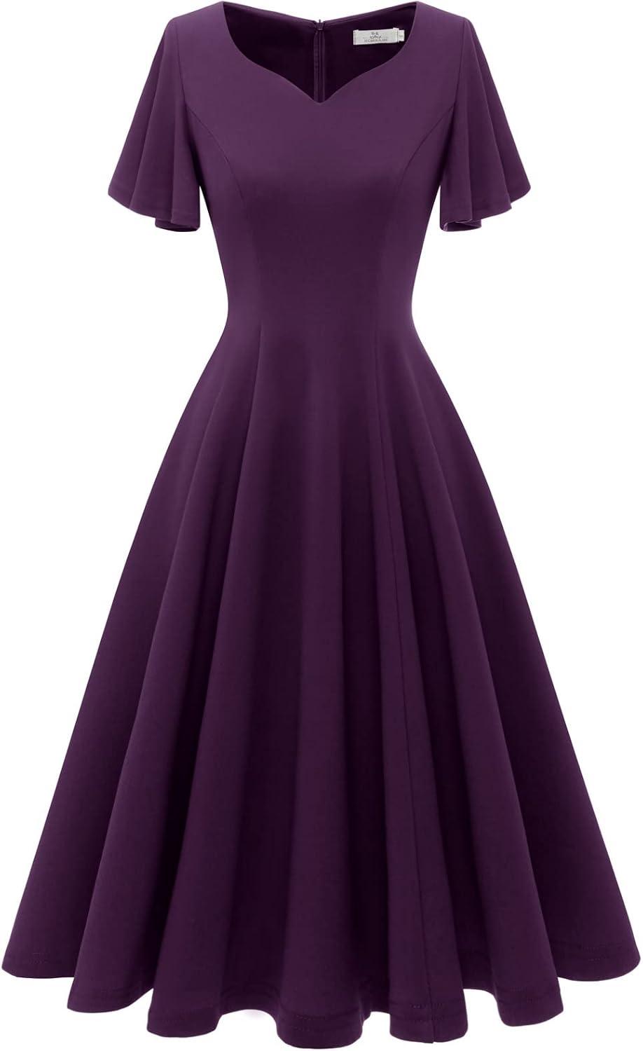 imageHomRain Wedding Guest Dresses for Women Vintage Short Sleeves Casual Fit and Flare Cocktail Formal Dress for Tea PartyGrape