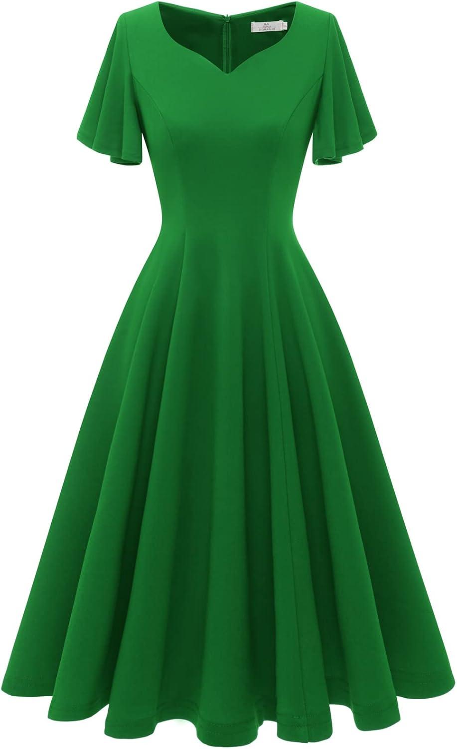 imageHomRain Wedding Guest Dresses for Women Vintage Short Sleeves Casual Fit and Flare Cocktail Formal Dress for Tea PartyGreen