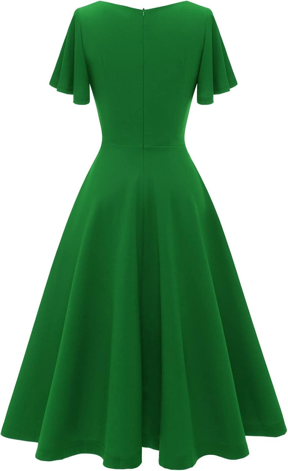 imageHomRain Wedding Guest Dresses for Women Vintage Short Sleeves Casual Fit and Flare Cocktail Formal Dress for Tea PartyGreen