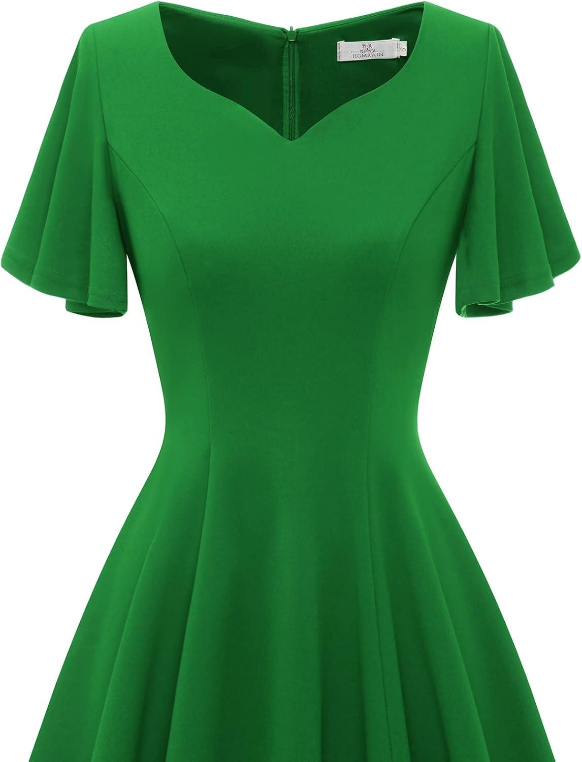 imageHomRain Wedding Guest Dresses for Women Vintage Short Sleeves Casual Fit and Flare Cocktail Formal Dress for Tea PartyGreen