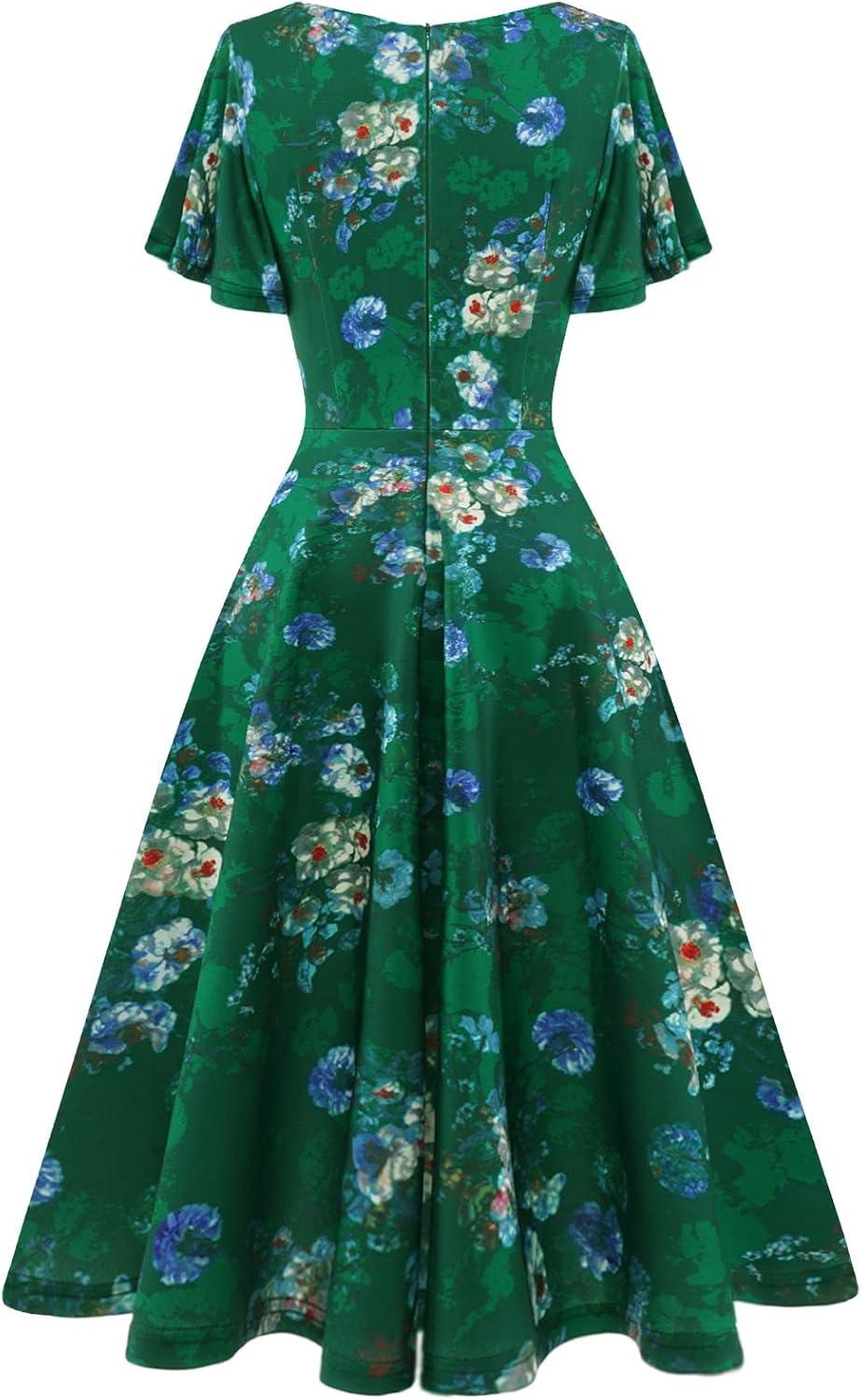 imageHomRain Wedding Guest Dresses for Women Vintage Short Sleeves Casual Fit and Flare Cocktail Formal Dress for Tea PartyGreen Flower