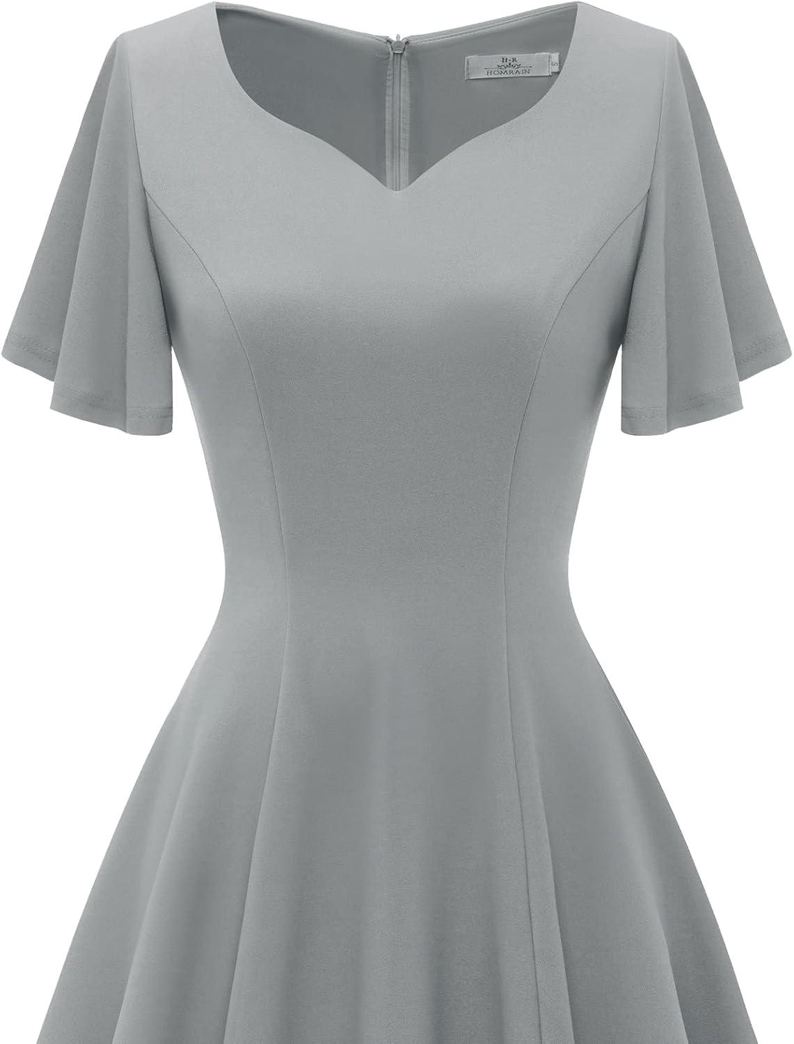 imageHomRain Wedding Guest Dresses for Women Vintage Short Sleeves Casual Fit and Flare Cocktail Formal Dress for Tea PartyGrey