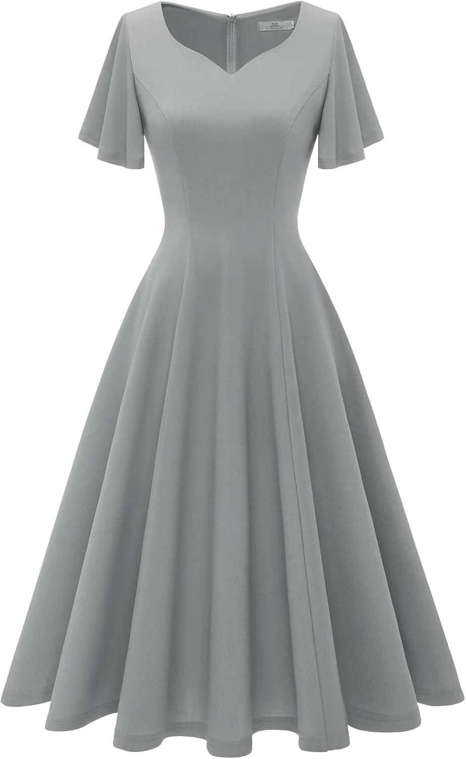 imageHomRain Wedding Guest Dresses for Women Vintage Short Sleeves Casual Fit and Flare Cocktail Formal Dress for Tea PartyGrey