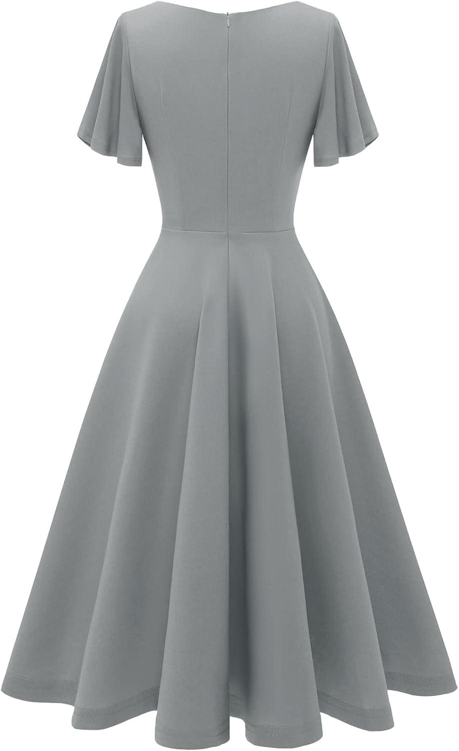 imageHomRain Wedding Guest Dresses for Women Vintage Short Sleeves Casual Fit and Flare Cocktail Formal Dress for Tea PartyGrey