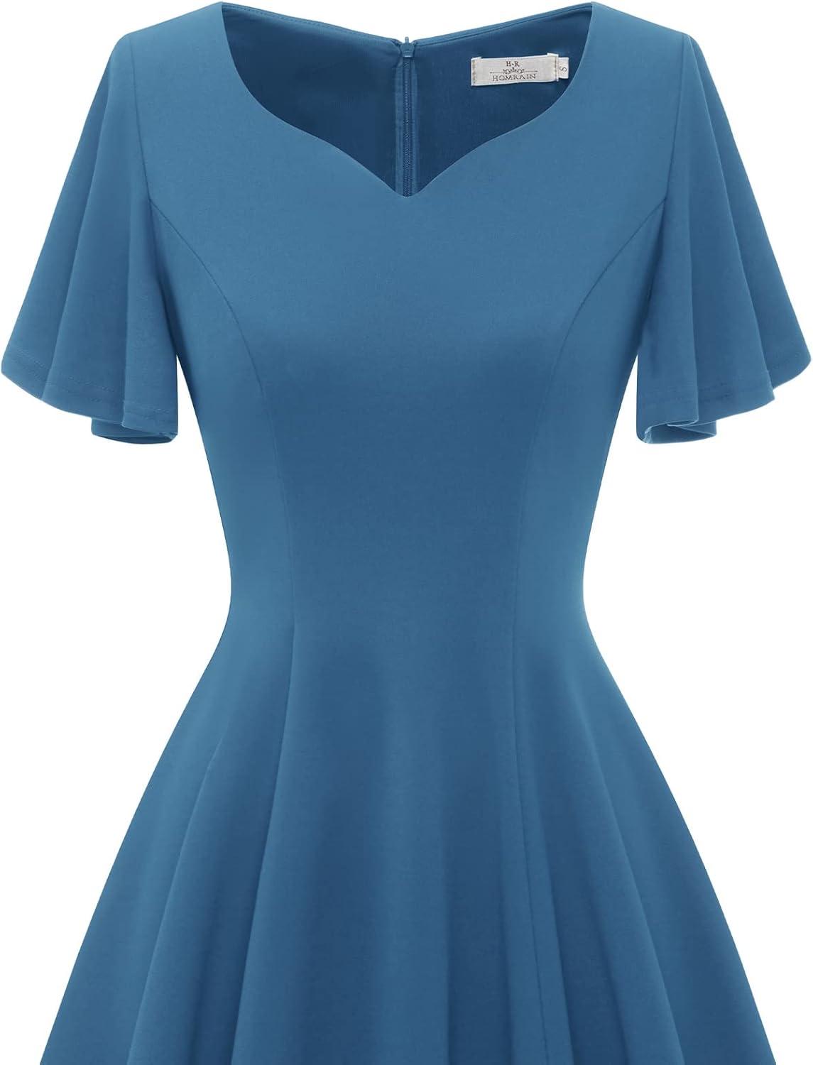 imageHomRain Wedding Guest Dresses for Women Vintage Short Sleeves Casual Fit and Flare Cocktail Formal Dress for Tea PartyGreyblue