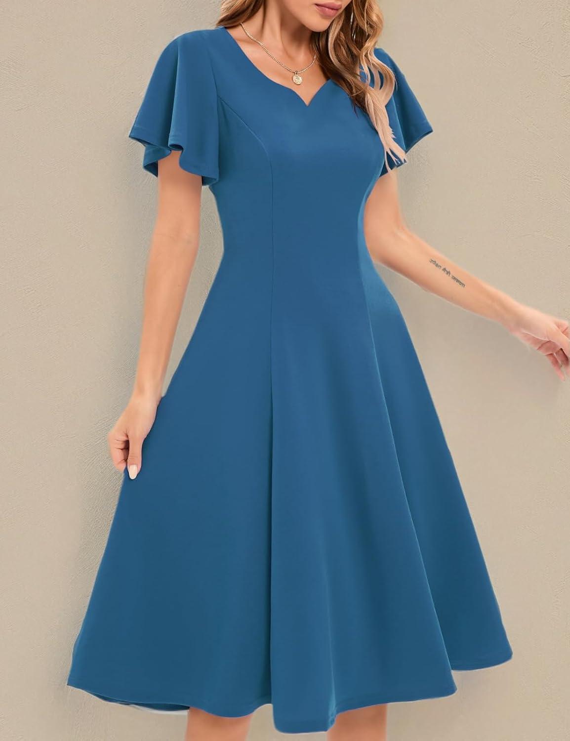 imageHomRain Wedding Guest Dresses for Women Vintage Short Sleeves Casual Fit and Flare Cocktail Formal Dress for Tea PartyGreyblue
