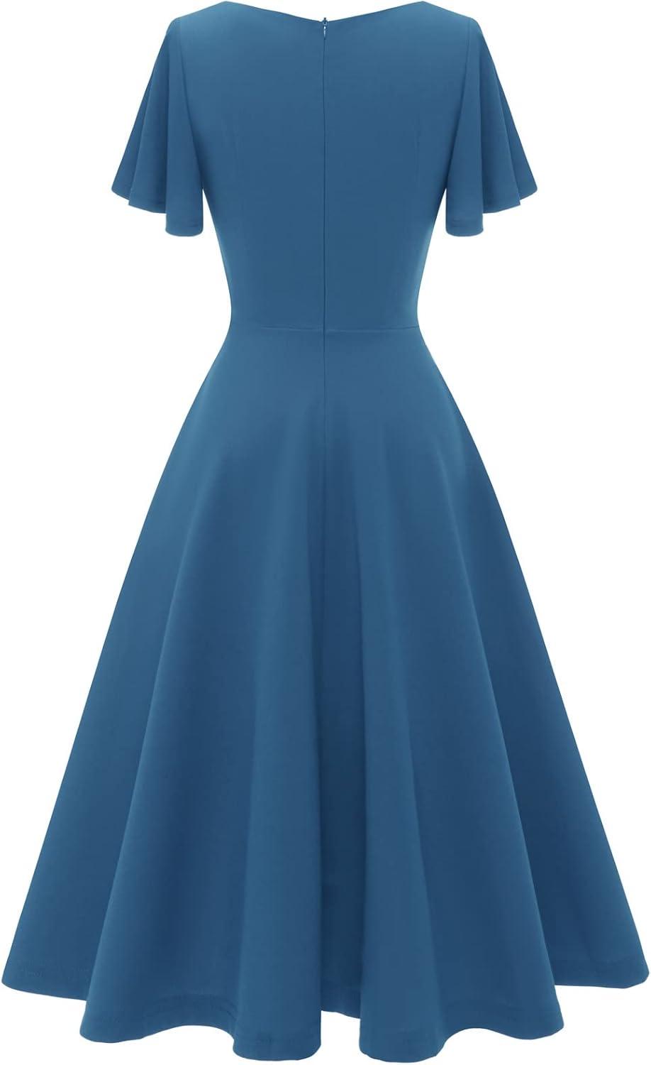 imageHomRain Wedding Guest Dresses for Women Vintage Short Sleeves Casual Fit and Flare Cocktail Formal Dress for Tea PartyGreyblue