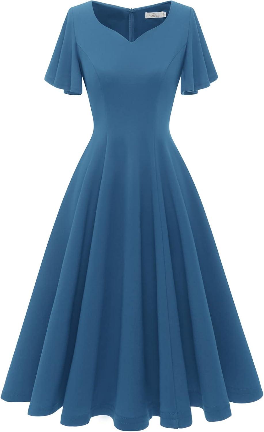 imageHomRain Wedding Guest Dresses for Women Vintage Short Sleeves Casual Fit and Flare Cocktail Formal Dress for Tea PartyGreyblue