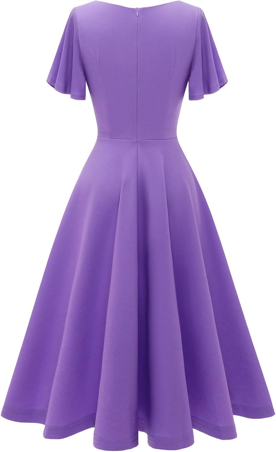 imageHomRain Wedding Guest Dresses for Women Vintage Short Sleeves Casual Fit and Flare Cocktail Formal Dress for Tea PartyLavender