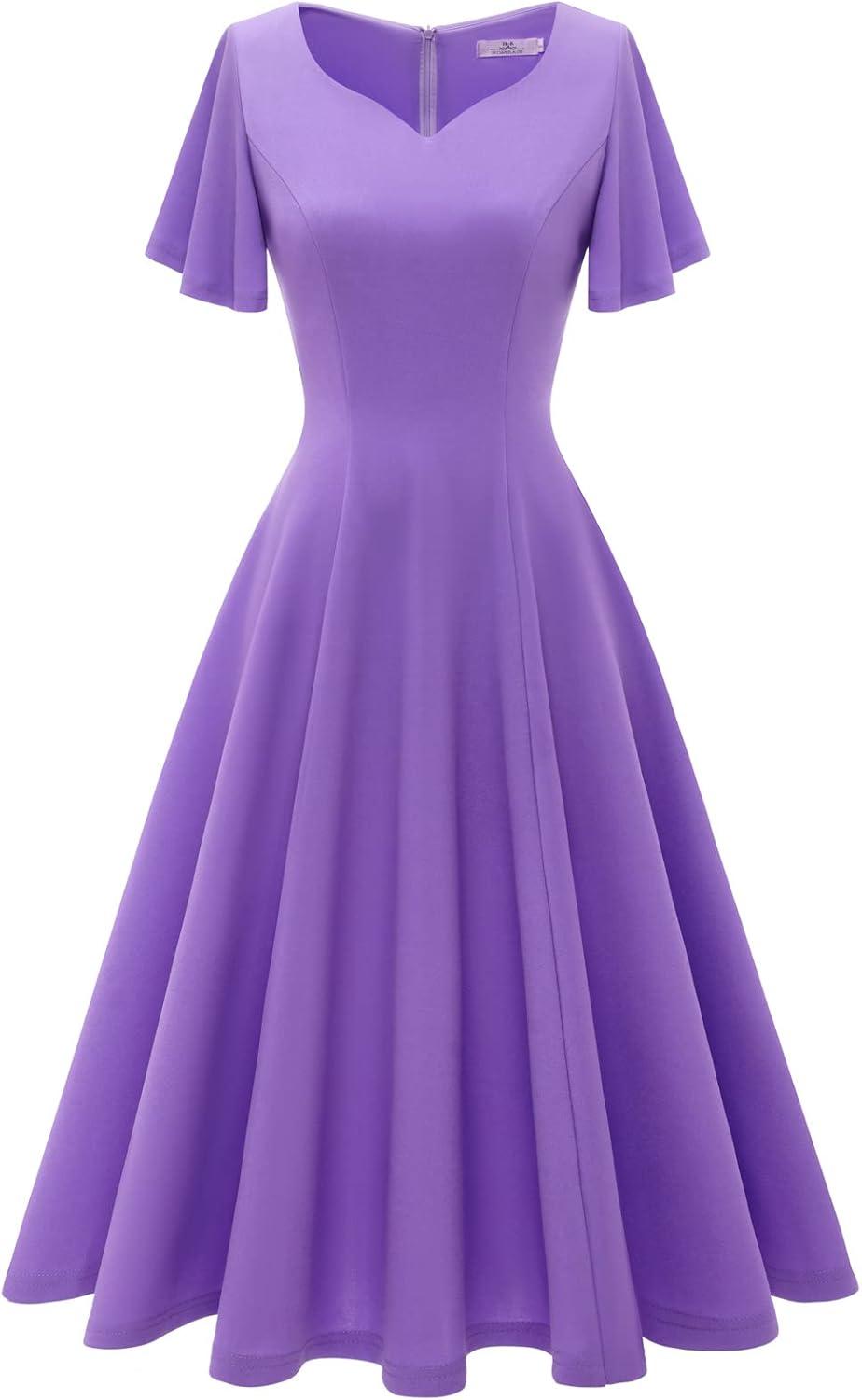 imageHomRain Wedding Guest Dresses for Women Vintage Short Sleeves Casual Fit and Flare Cocktail Formal Dress for Tea PartyLavender