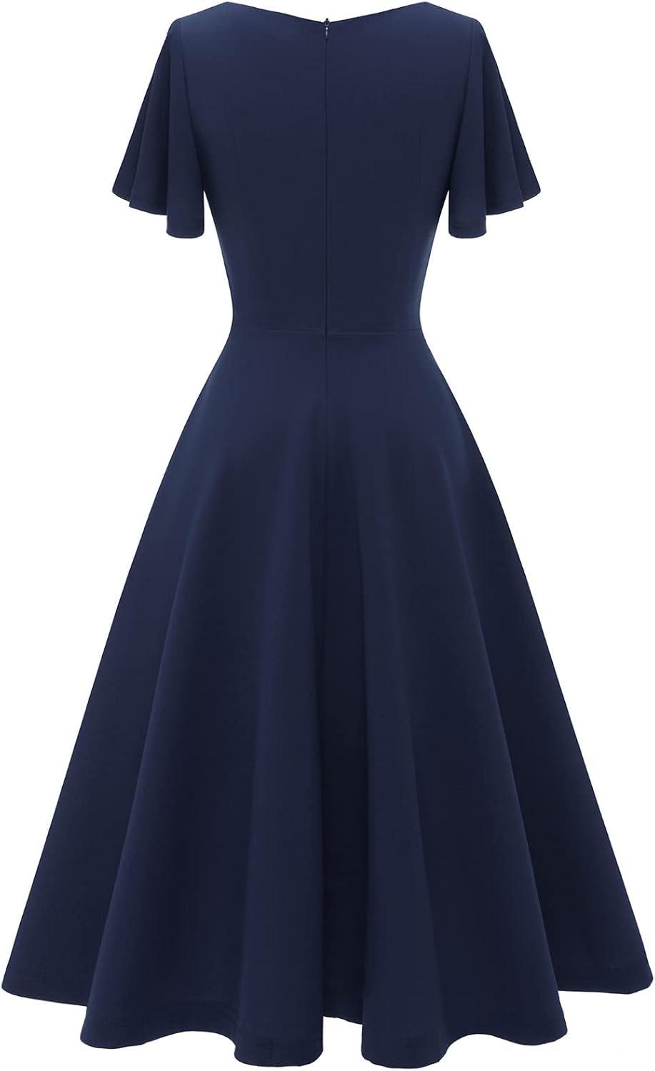 imageHomRain Wedding Guest Dresses for Women Vintage Short Sleeves Casual Fit and Flare Cocktail Formal Dress for Tea PartyNavy