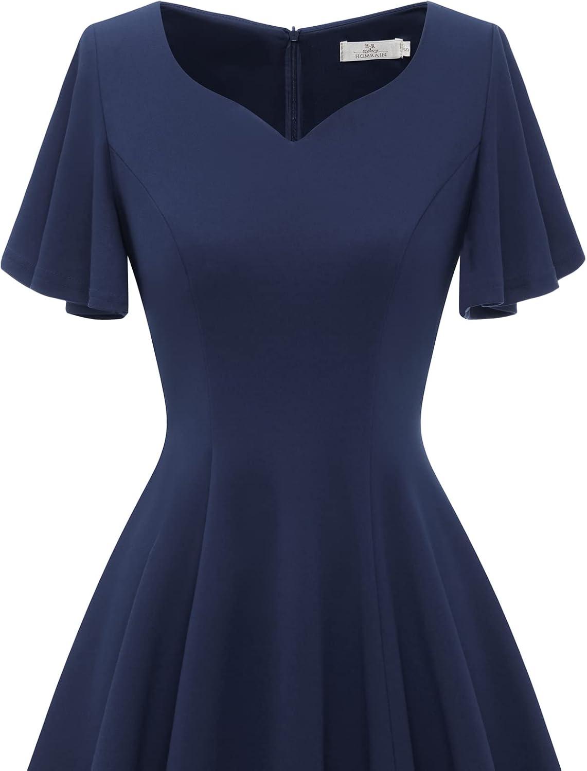 imageHomRain Wedding Guest Dresses for Women Vintage Short Sleeves Casual Fit and Flare Cocktail Formal Dress for Tea PartyNavy
