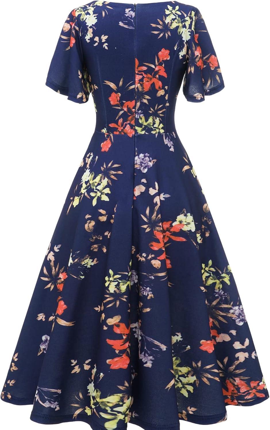 imageHomRain Wedding Guest Dresses for Women Vintage Short Sleeves Casual Fit and Flare Cocktail Formal Dress for Tea PartyNavy Flower