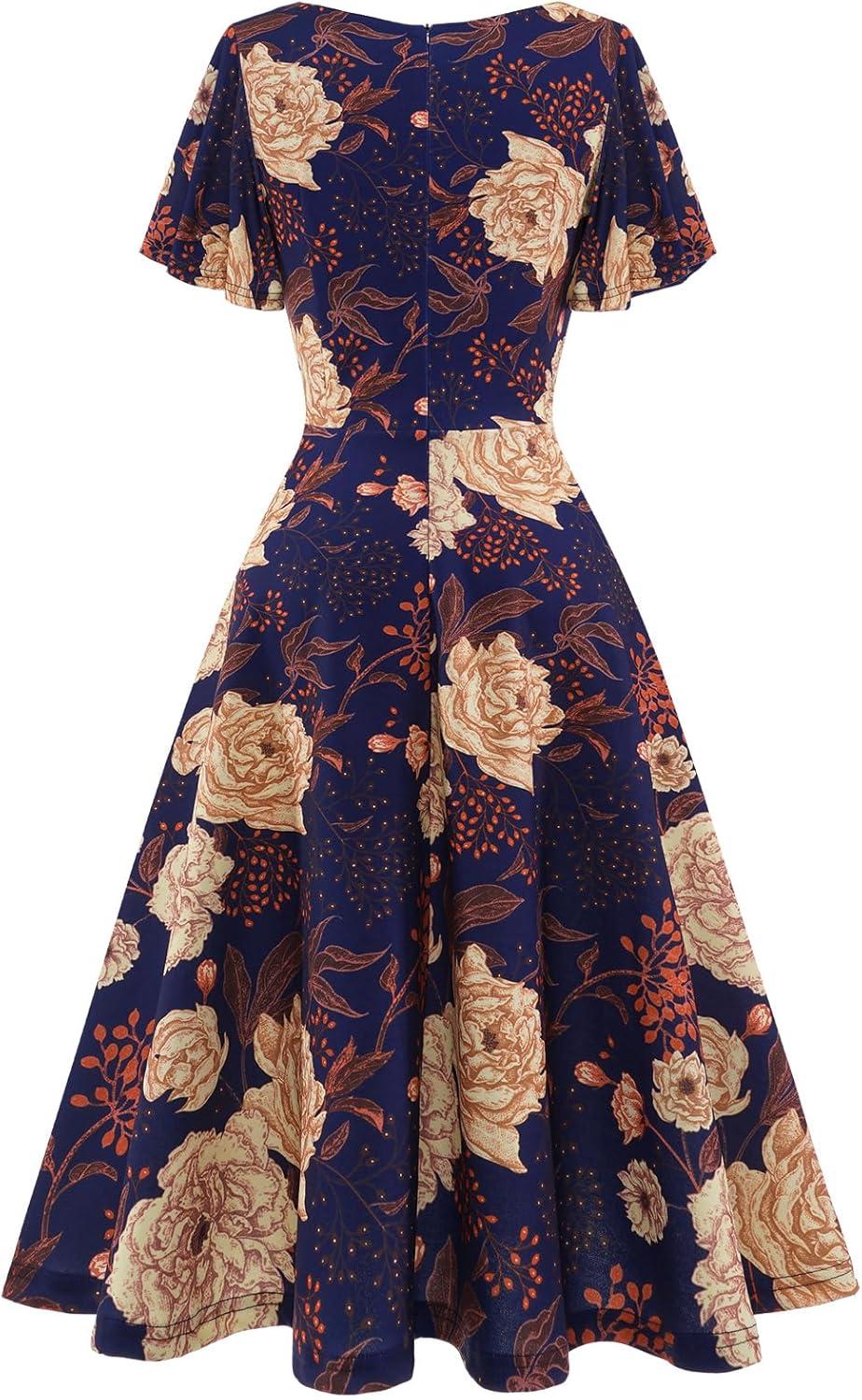 imageHomRain Wedding Guest Dresses for Women Vintage Short Sleeves Casual Fit and Flare Cocktail Formal Dress for Tea PartyNavy Yellow Flower