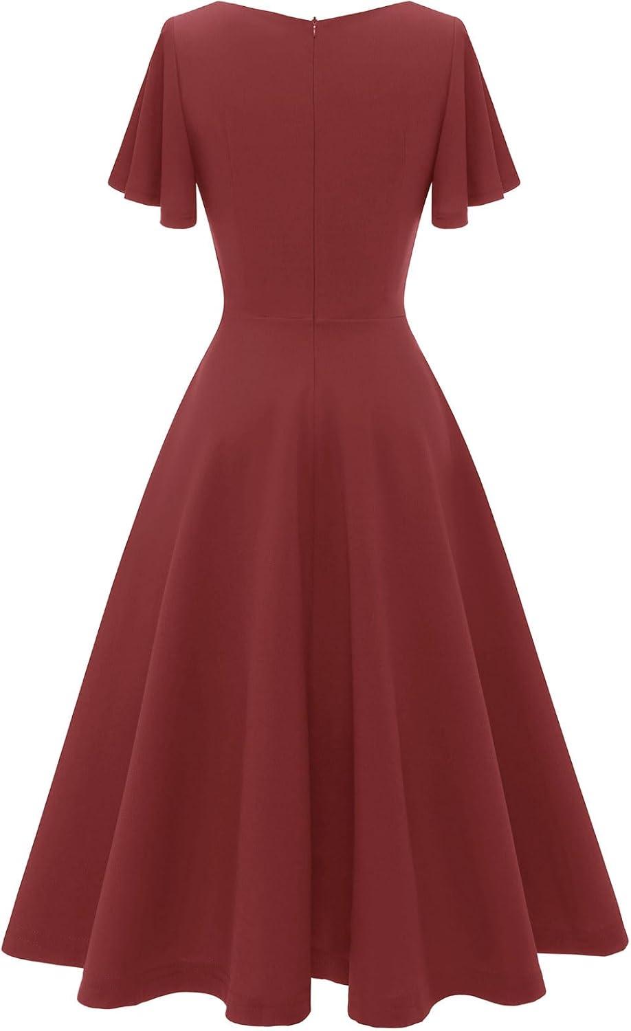 imageHomRain Wedding Guest Dresses for Women Vintage Short Sleeves Casual Fit and Flare Cocktail Formal Dress for Tea PartyRaspberry