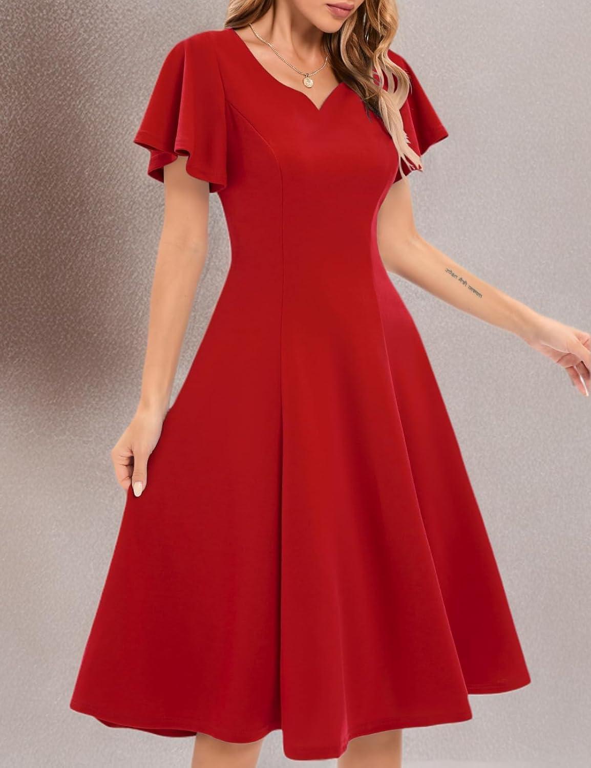 imageHomRain Wedding Guest Dresses for Women Vintage Short Sleeves Casual Fit and Flare Cocktail Formal Dress for Tea PartyRed