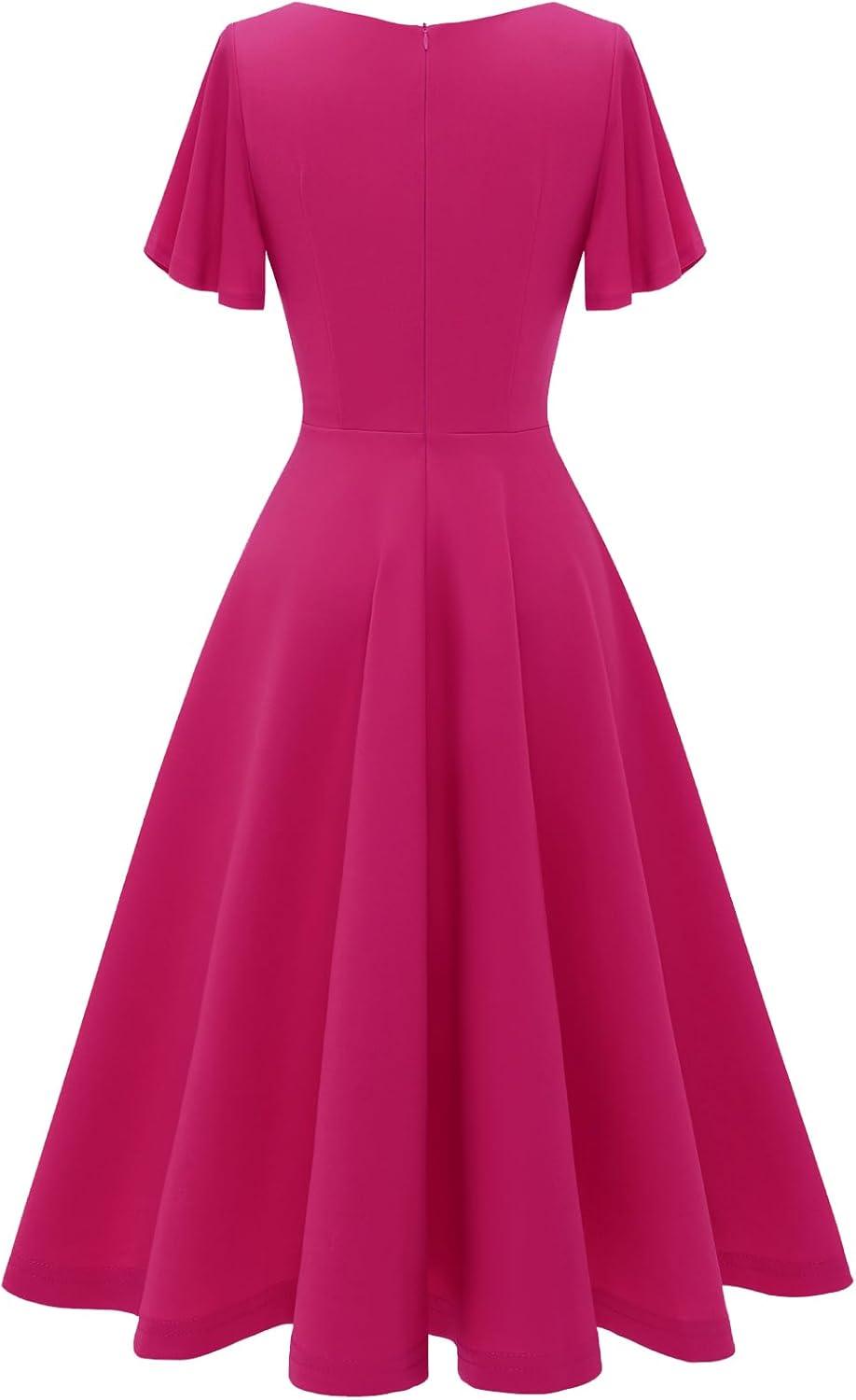 imageHomRain Wedding Guest Dresses for Women Vintage Short Sleeves Casual Fit and Flare Cocktail Formal Dress for Tea PartyRose