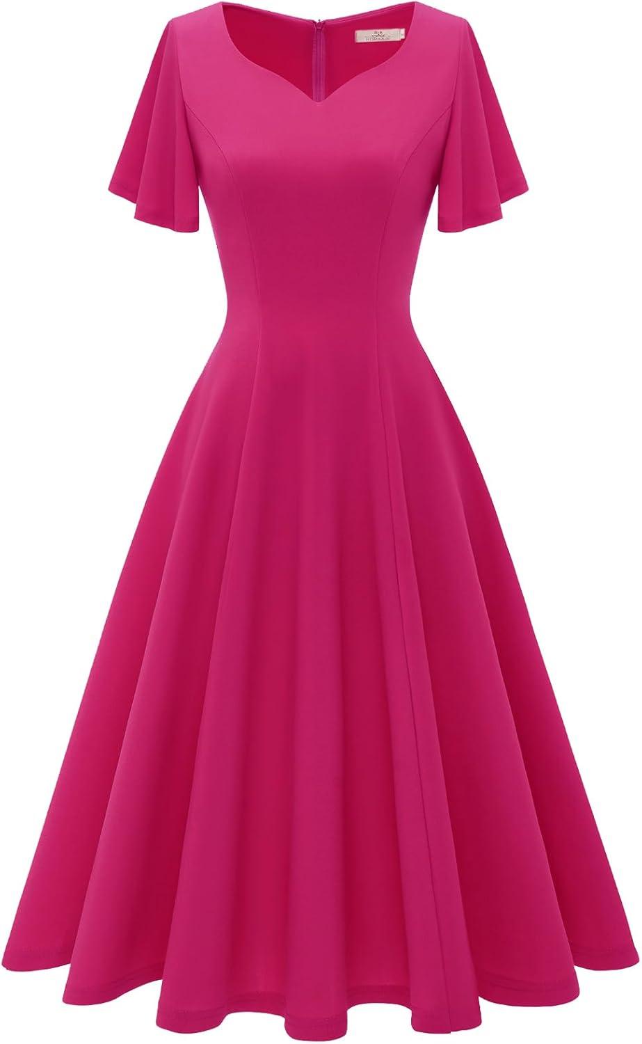 imageHomRain Wedding Guest Dresses for Women Vintage Short Sleeves Casual Fit and Flare Cocktail Formal Dress for Tea PartyRose