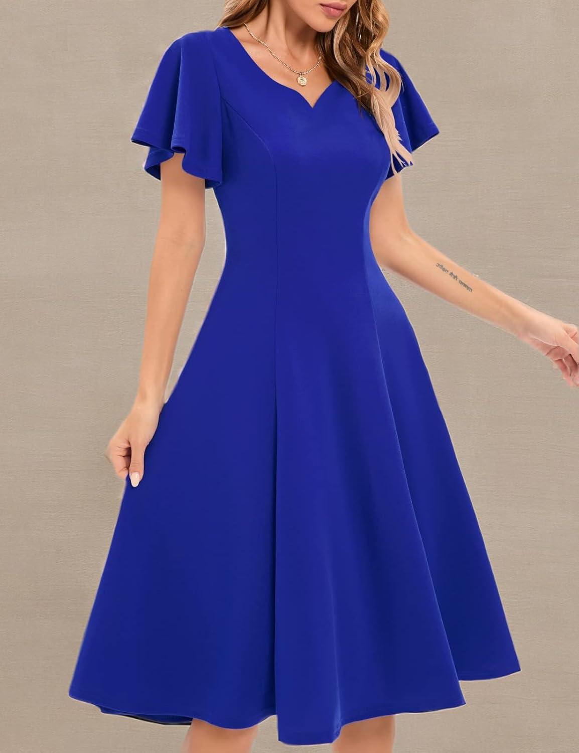 imageHomRain Wedding Guest Dresses for Women Vintage Short Sleeves Casual Fit and Flare Cocktail Formal Dress for Tea PartyRoyal Blue