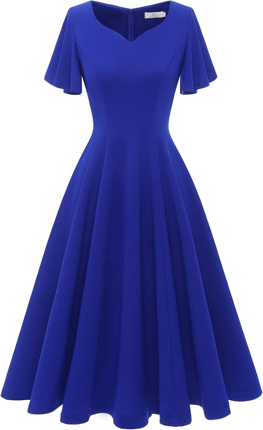 imageHomRain Wedding Guest Dresses for Women Vintage Short Sleeves Casual Fit and Flare Cocktail Formal Dress for Tea PartyRoyal Blue
